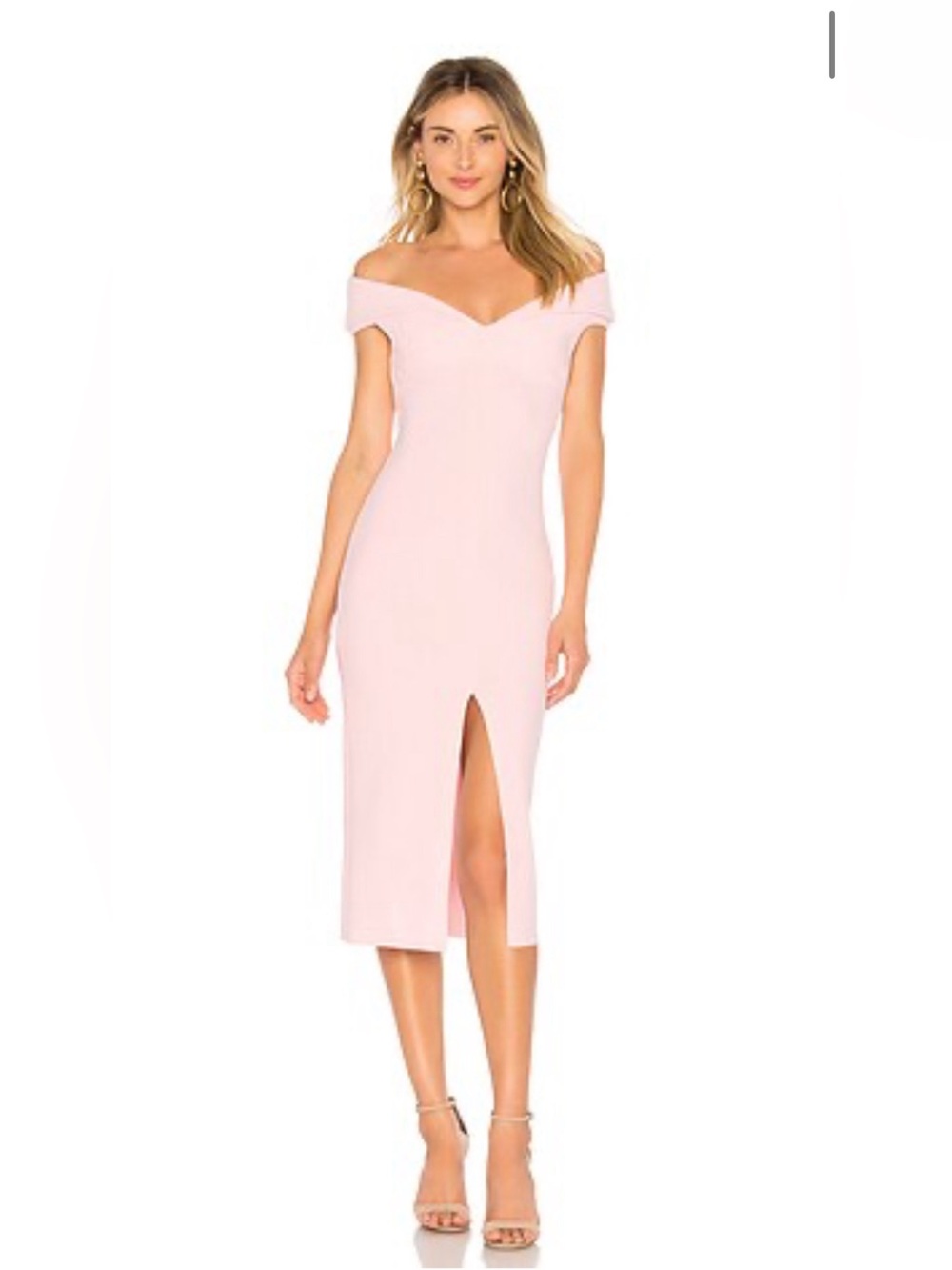 bec + bridge Blush Pink Off-the-Shoulder Midi Dress with Front Slit